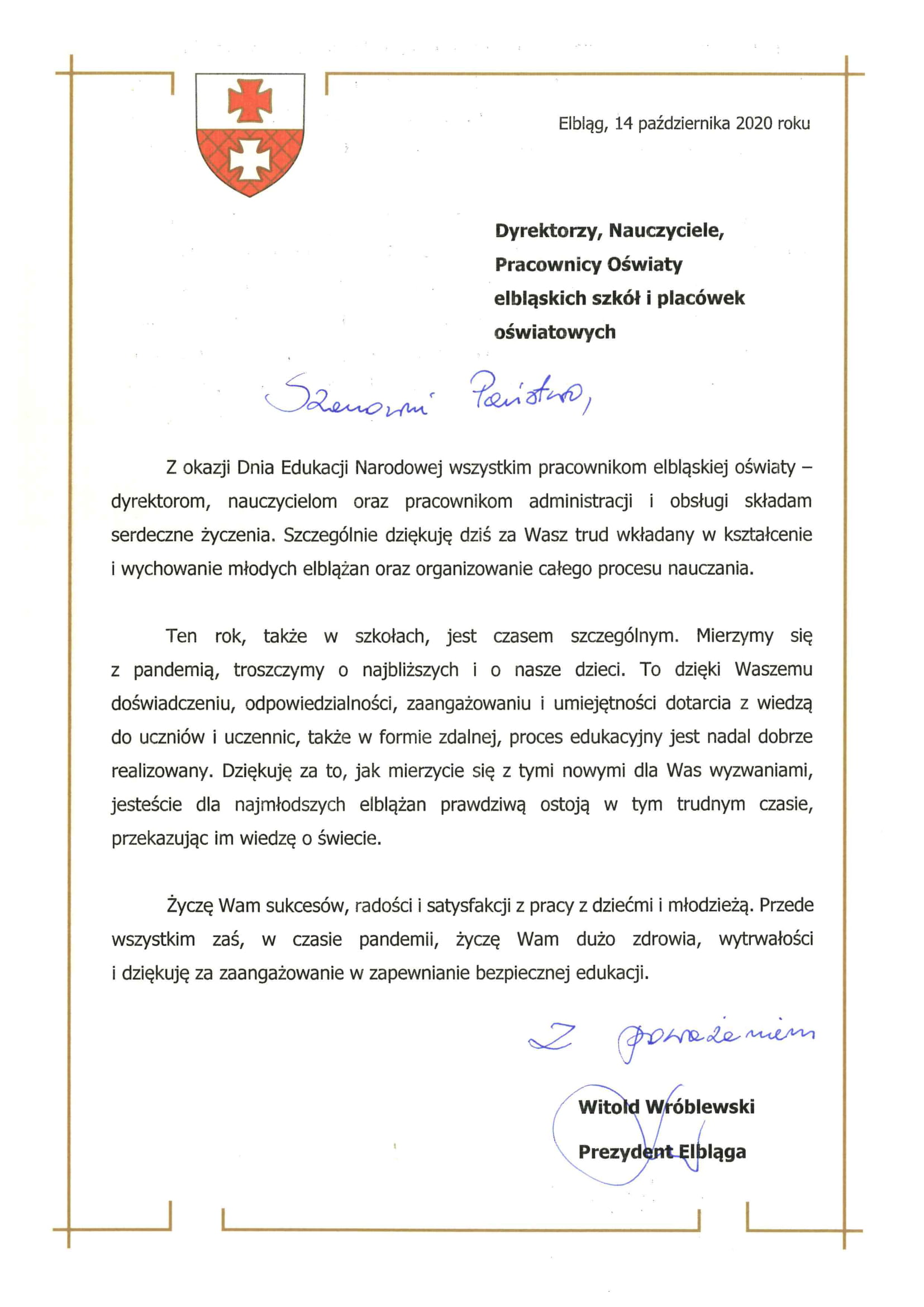 List Prezydenta Miasta Elbląga